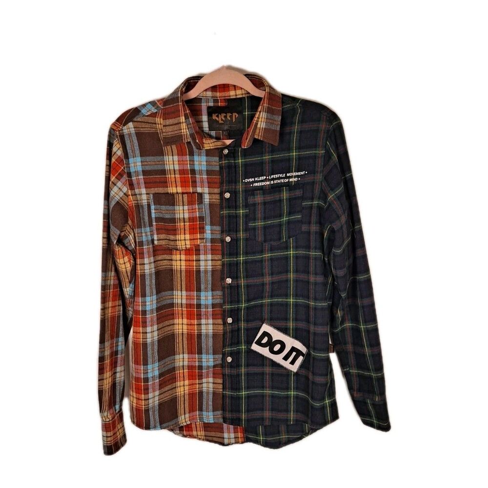 Kleep Men's Mixed Plaid Shirt Size M Flannel Button Up Long Sleeve Streetwear
